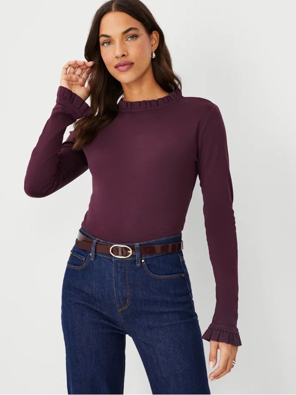 Ann Taylor Ruffled Mock Neck Long Sleeve Top in Plum